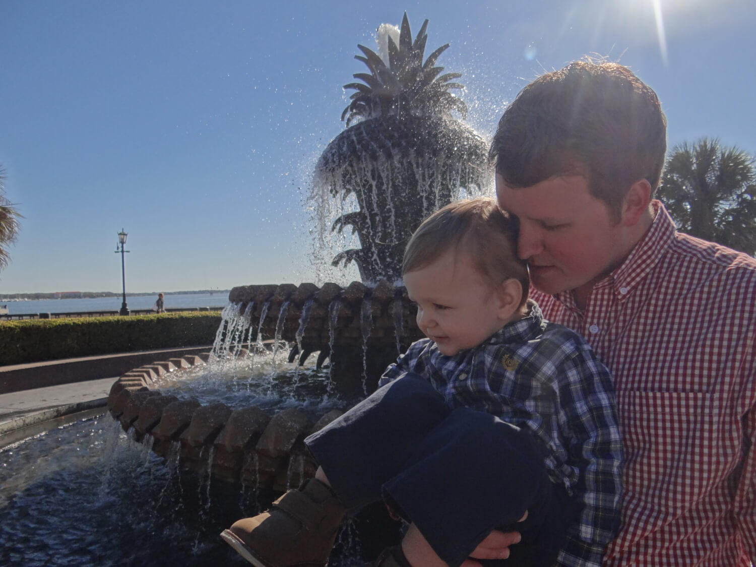 Father holding young son by fountain